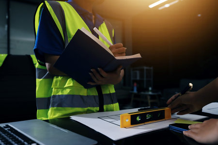Closeup of team of industrial engineers meeting analyze machinery blueprints consult project on table in manufacturing factory. Working in manufacturing plant or production plant.の写真素材