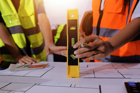 Closeup of team of industrial engineers meeting analyze machinery blueprints consult project on table in manufacturing factory. Working in manufacturing plant or production plant.の写真素材