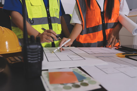 Closeup of team of industrial engineers meeting analyze machinery blueprints consult project on table in manufacturing factory. Working in manufacturing plant or production plant.の写真素材