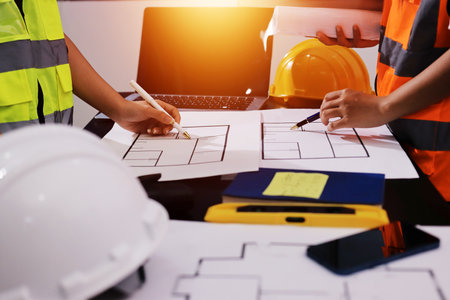 Closeup of team of industrial engineers meeting analyze machinery blueprints consult project on table in manufacturing factory. Working in manufacturing plant or production plant.の写真素材