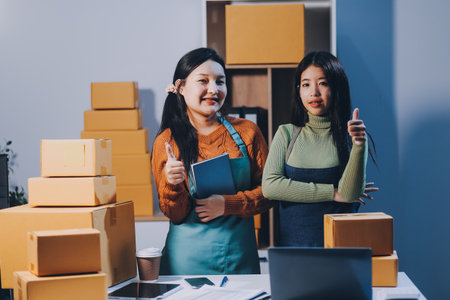Startup SME small business entrepreneur of freelance Asian woman wearing apron using laptop and box to receive and review orders online to prepare to pack sell to customers, online sme business ideas.の写真素材