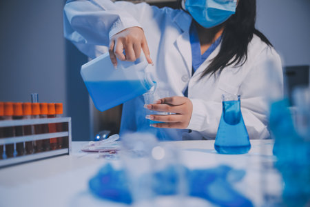Research, experiment and medical trial being done by a scientist in a lab, science facility or...