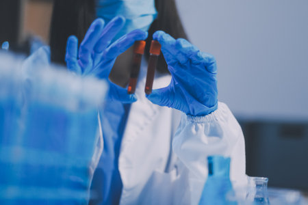 Research, experiment and medical trial being done by a scientist in a lab, science facility or hospital. One young, serious and professional researcher organizing, sorting or making a discoveryの写真素材