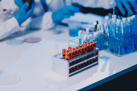 Research, experiment and medical trial being done by a scientist in a lab, science facility or hospital. One young, serious and professional researcher organizing, sorting or making a discoveryの写真素材