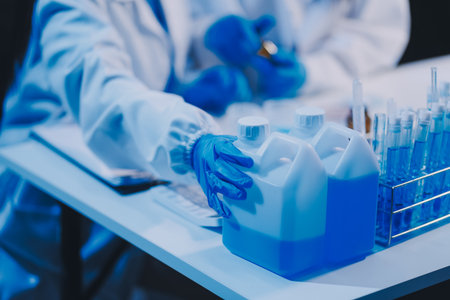 Research, experiment and medical trial being done by a scientist in a lab, science facility or hospital. One young, serious and professional researcher organizing, sorting or making a discoveryの写真素材