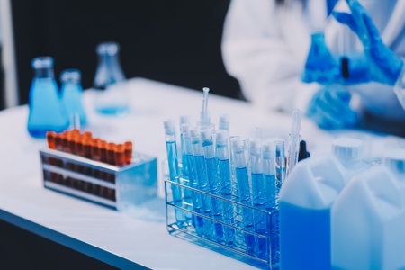 Research, experiment and medical trial being done by a scientist in a lab, science facility or hospital. One young, serious and professional researcher organizing, sorting or making a discoveryの写真素材