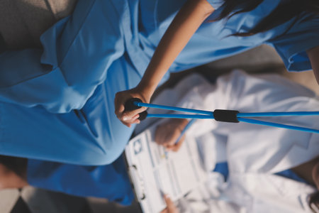 Doctor physiotherapist assisting a male patient while giving exercising treatment on stretching his arm with exercise band in the clinic, Rehabilitation physiotherapy conceptの写真素材