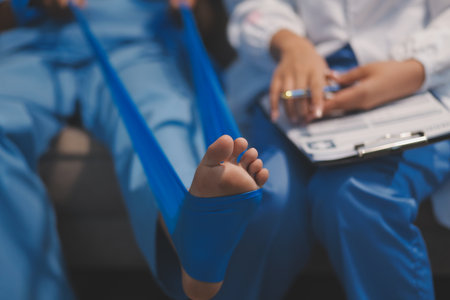 Confident physical therapist helps patient use resistance band stretching out his leg in clinic room.の写真素材