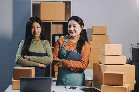 Startup SME small business entrepreneur of freelance Asian woman wearing apron using laptop and box to receive and review orders online to prepare to pack sell to customers, online sme business ideas.の写真素材