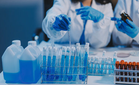 Research, experiment and medical trial being done by a scientist in a lab, science facility or...