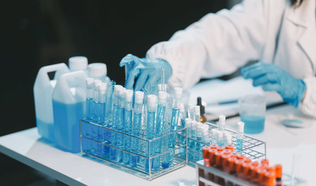 Research, experiment and medical trial being done by a scientist in a lab, science facility or...