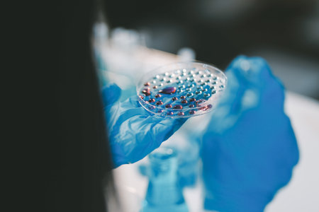 Research, experiment and medical trial being done by a scientist in a lab, science facility or hospital. One young, serious and professional researcher organizing, sorting or making a discoveryの写真素材