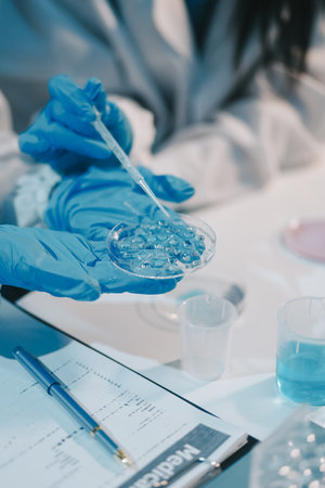 Research, experiment and medical trial being done by a scientist in a lab, science facility or...