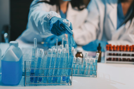 Research, experiment and medical trial being done by a scientist in a lab, science facility or...