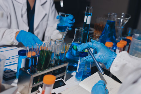 Scientist pipetting medical samples into microplate in laboratoryの写真素材