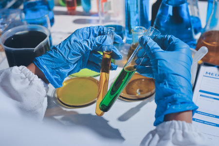 Scientist pipetting medical samples into microplate in laboratoryの写真素材