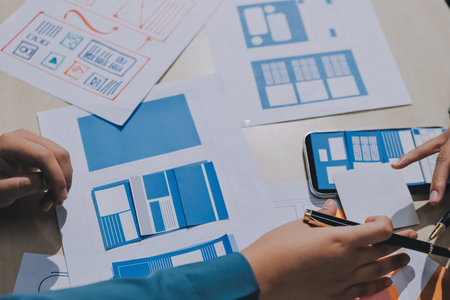 Group of young application developers analyzing uxui mobile app templates during a working meeting