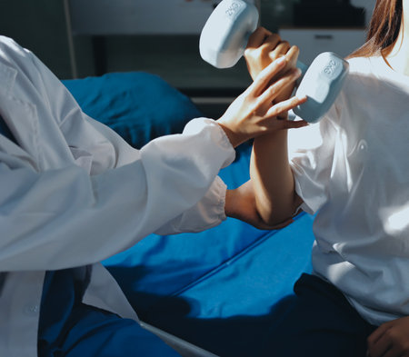 Unrecognizable uses blue hand weight during physical therapy sessionの写真素材