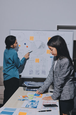 Group of young application developers analyzing uxui mobile app templates during a working meetingの写真素材