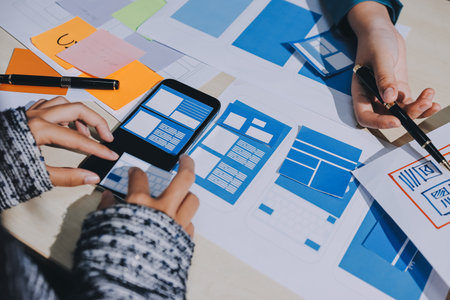 Group of young application developers analyzing uxui mobile app templates during a working meeting