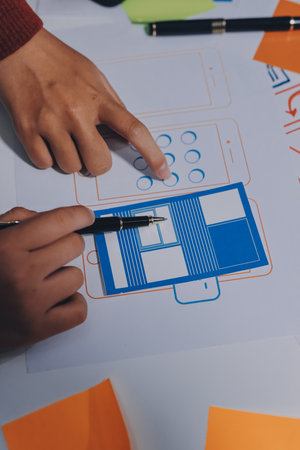 UX UI designer testing prototype on a phone, discussing and brainstorming on wireframes for a website and mobile app prototype, in the concept of website and mobile application design concept.の写真素材