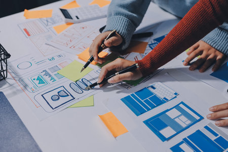 UX UI designer testing prototype on a phone, discussing and brainstorming on wireframes for a website and mobile app prototype, in the concept of website and mobile application design concept.の写真素材