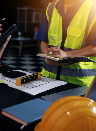 Closeup of team of industrial engineers meeting analyze machinery blueprints consult project on...