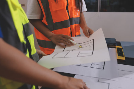 Closeup of team of industrial engineers meeting analyze machinery blueprints consult project on table in manufacturing factory. Working in manufacturing plant or production plant.の写真素材