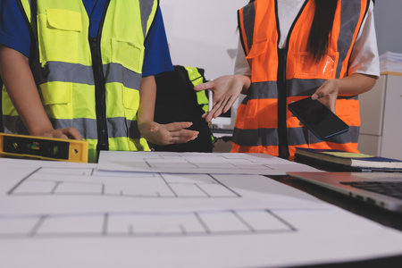 Closeup of team of industrial engineers meeting analyze machinery blueprints consult project on table in manufacturing factory. Working in manufacturing plant or production plant.の写真素材
