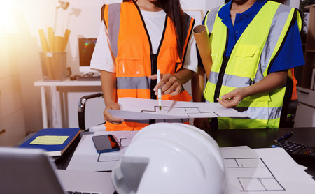 Closeup of team of industrial engineers meeting analyze machinery blueprints consult project on table in manufacturing factory. Working in manufacturing plant or production plant.の写真素材