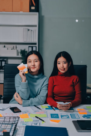 UX UI designer testing prototype on a phone, discussing and brainstorming on wireframes for a website and mobile app prototype, in the concept of website and mobile application design concept.の写真素材