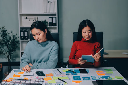 UX UI designer testing prototype on a phone, discussing and brainstorming on wireframes for a website and mobile app prototype, in the concept of website and mobile application design concept.の写真素材