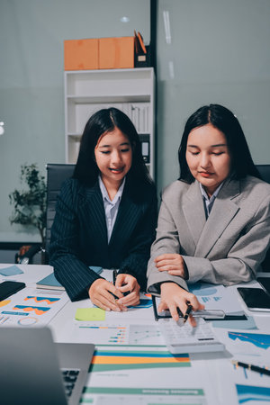 Accounting company provide finance and taxation planning for profitable cash flow, Auditor and accountant team working in office, analyze financial data and accounting record with calculator.Insightの写真素材