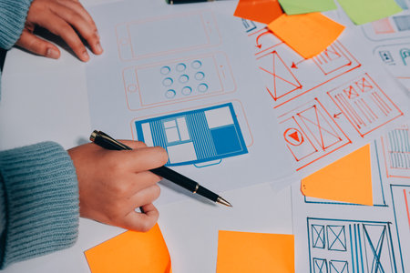 UX UI designer testing prototype on a phone, discussing and brainstorming on wireframes for a website and mobile app prototype, in the concept of website and mobile application design concept.の写真素材
