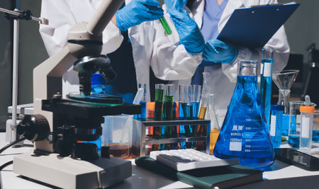 Scientist pipetting medical samples into microplate in laboratoryの写真素材