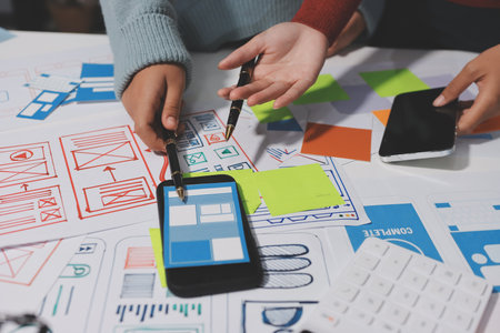 UX UI designer testing prototype on a phone, discussing and brainstorming on wireframes for a website and mobile app prototype, in the concept of website and mobile application design concept.の写真素材