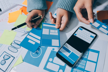 UX UI designer testing prototype on a phone, discussing and brainstorming on wireframes for a website and mobile app prototype, in the concept of website and mobile application design concept.の写真素材