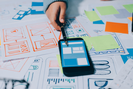 UX UI designer testing prototype on a phone, discussing and brainstorming on wireframes for a...