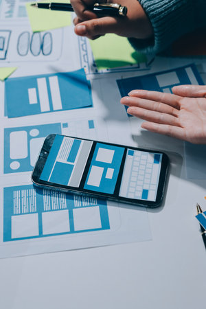 UX UI designer testing prototype on a phone, discussing and brainstorming on wireframes for a website and mobile app prototype, in the concept of website and mobile application design concept.の写真素材