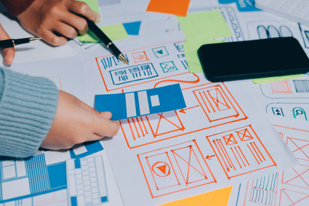 UX UI designer testing prototype on a phone, discussing and brainstorming on wireframes for a website and mobile app prototype, in the concept of website and mobile application design concept.の写真素材