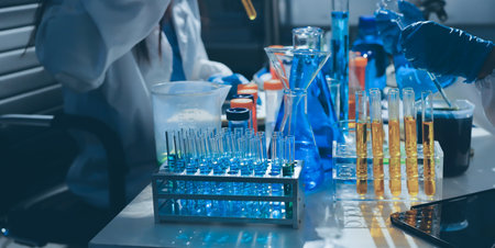 Scientist pipetting medical samples into microplate in laboratory