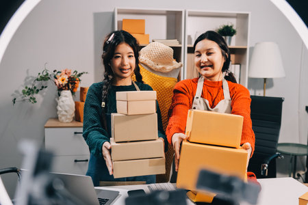Portrait of Starting small businesses SME owners, two Asian woman check online orders Selling products working with boxs freelance work at home office, sme business online small medium enterpriseの写真素材