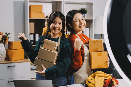 Portrait of Starting small businesses SME owners, two Asian woman check online orders Selling products working with boxs freelance work at home office, sme business online small medium enterpriseの写真素材