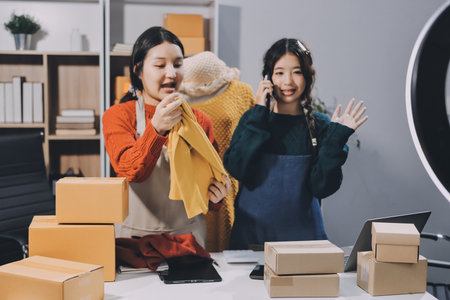 Portrait of Starting small businesses SME owners, two Asian woman check online orders Selling products working with boxs freelance work at home office, sme business online small medium enterpriseの写真素材