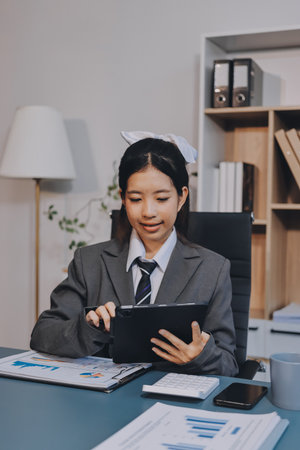 Portrait of Young Asian woman hand freelancer is working her job on computer tablet in modern office. Doing accounting analysis report real estate investment data, Financial and tax systems concept.の写真素材