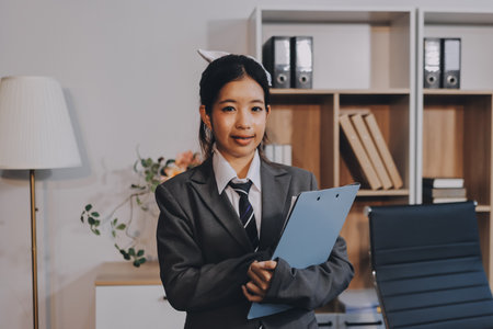 Portrait of Young Asian woman hand freelancer is working her job on computer tablet in modern...