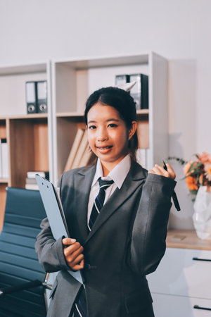 Portrait of Young Asian woman hand freelancer is working her job on computer tablet in modern office. Doing accounting analysis report real estate investment data, Financial and tax systems concept.の写真素材