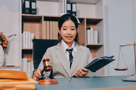 Judge gavel with Justice lawyers having team meeting at law firm background. Concepts of Law and Legal services.の写真素材