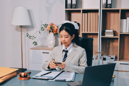 Judge gavel with Justice lawyers having team meeting at law firm background. Concepts of Law and Legal services.の写真素材