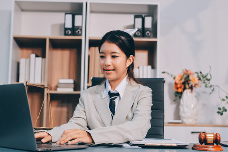 Judge gavel with Justice lawyers having team meeting at law firm background. Concepts of Law and Legal services.の写真素材